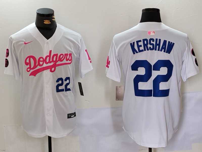 Men%27s Los Angeles Dodgers #22 Clayton Kershaw White Pink Vin & Kobe Patch Stitched Baseball Jersey 1->los angeles dodgers->MLB Jersey